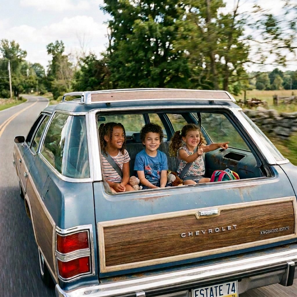 Three children sitting and smiling in the back of a blue Chevrolet Kingswood Estate car on a rural road